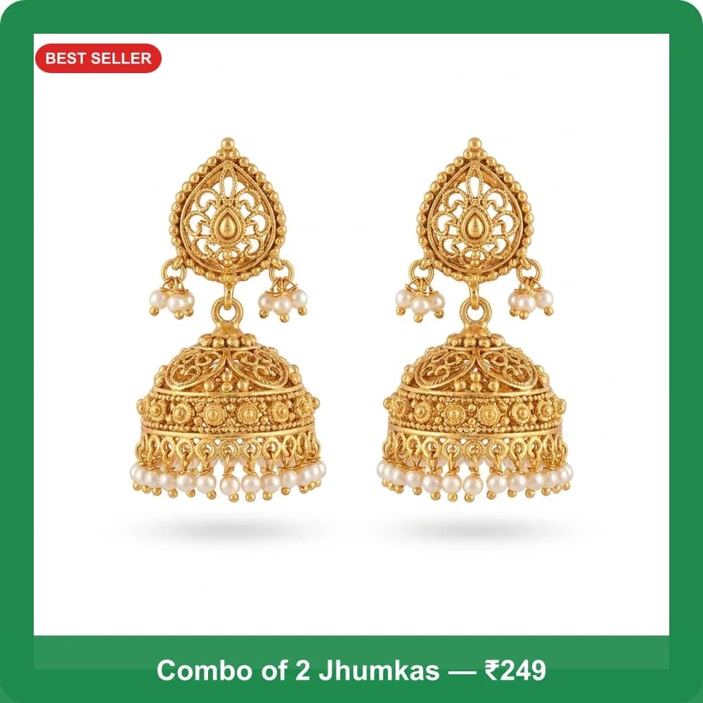 Meesho listing image generated from a jhumka earring photo: green border, a BEST SELLER badge and the caption Combo of 2 Jhumkas ₹249