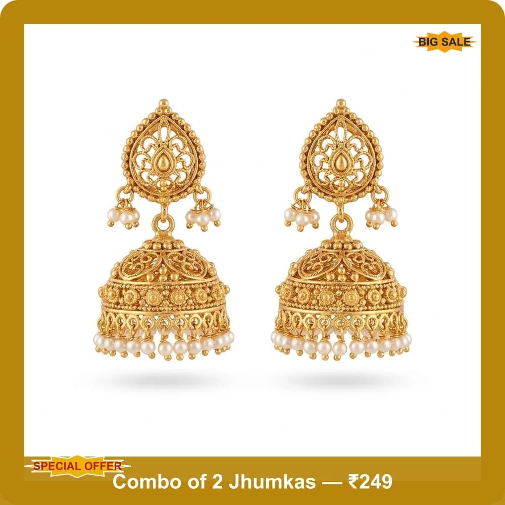 Meesho catalog image of gold jhumka earrings with a gold border, BIG SALE and SPECIAL OFFER badges and a price caption band