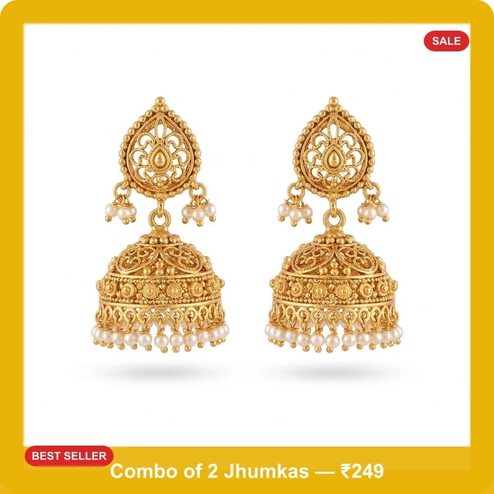 Bright yellow bordered Meesho catalog image of jhumka earrings with SALE and BEST SELLER badges and caption text