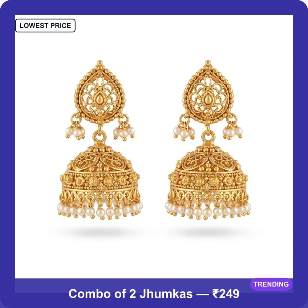 Royal blue bordered Meesho product image with TRENDING and LOWEST PRICE badges and the combo price caption