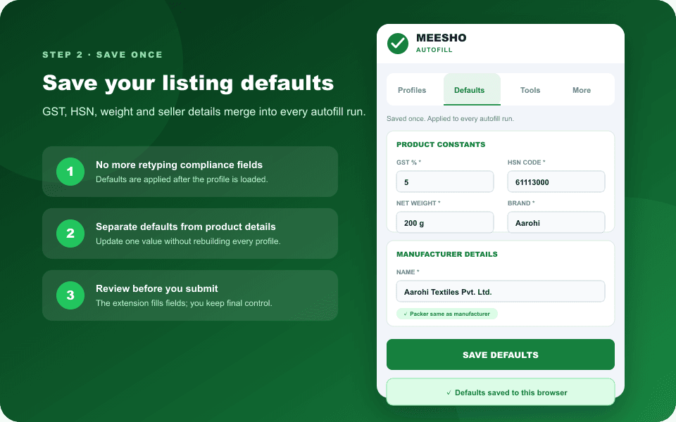 EcomFriendly Meesho automation Defaults tab with GST, HSN, weight, brand and manufacturer fields